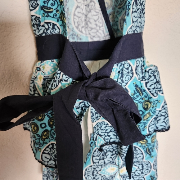 Simply Envogue Sweet Whisper retro blue black floral shape prnt Ruffle apron NWT - Picture 8 of 11